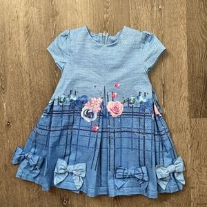 Lapin House Luxury Girls Party Dress Blue Plaid Floral Bows  Size 3T
